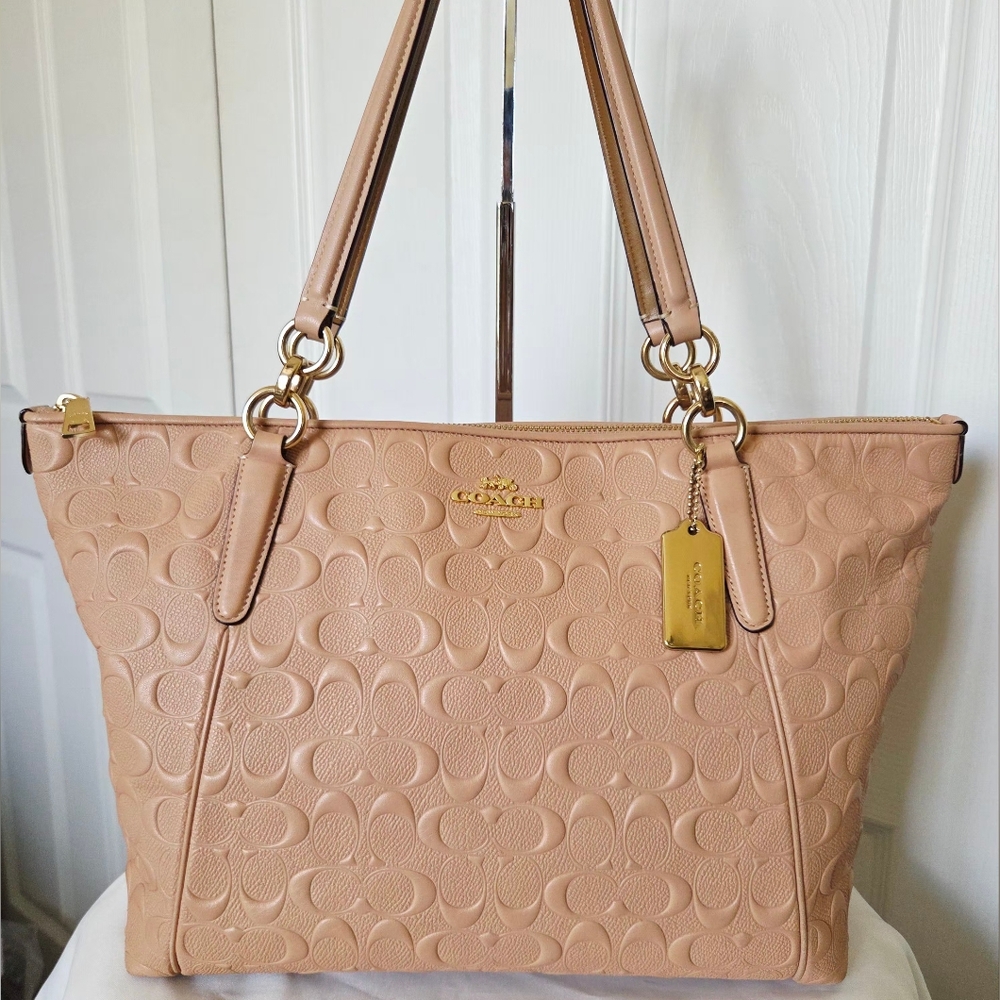 Coach Ava Nude Pink-Tan Signature Embossed Leather Tote with Gold Hardware